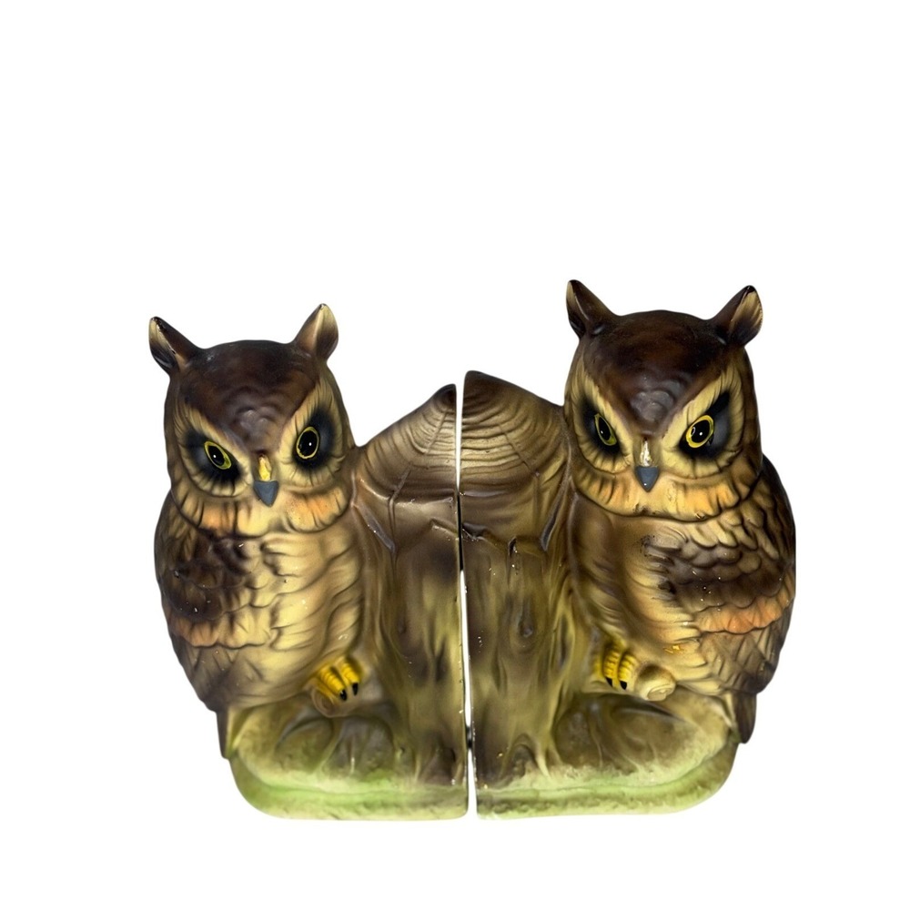 Vtg MCM Ceramic Owl Book Ends Mid Century Modern Brown Woodland Bird Decor Pair